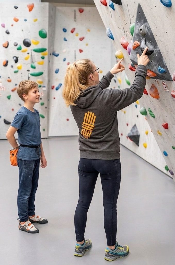 Leni von climbe trainiert Kader-Kinder beim Klettern