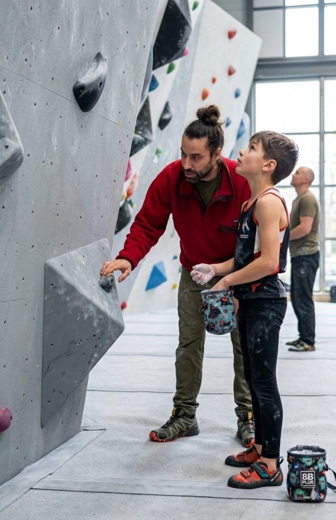 Klettertraining für Kader-Kinder, Mate von climbe trainiert ein Kind aus dem Kletterkader